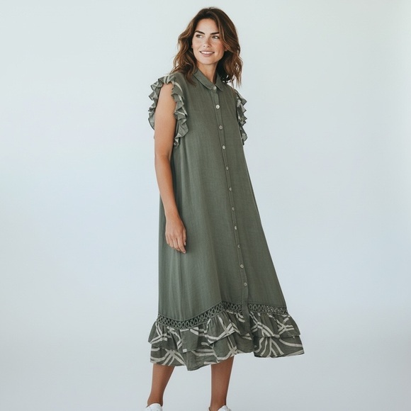 Little Corner Miami Boutique Dresses & Skirts - Little Corner Miami 100% Linen Made in Italy Olive Ruffle Button Midi Dress XL